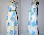 Oatmeal White Cotton Jersey Maxi Dress with light blue horse, turquoise firework remnant, and  lime green maple pods screenprinted