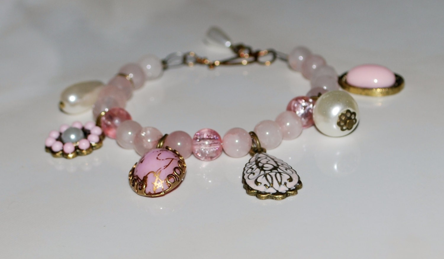 Charm Bracelet Gemstone Beaded Rose Quartz Brass Metal Pink Pendant Feminine Artisan Jewelry