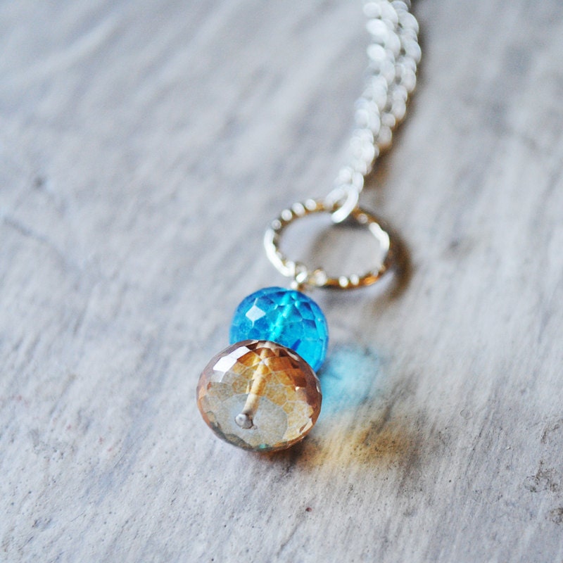Quartz Gemstone Necklace Sterling Silver Bright Blue and Yellow
