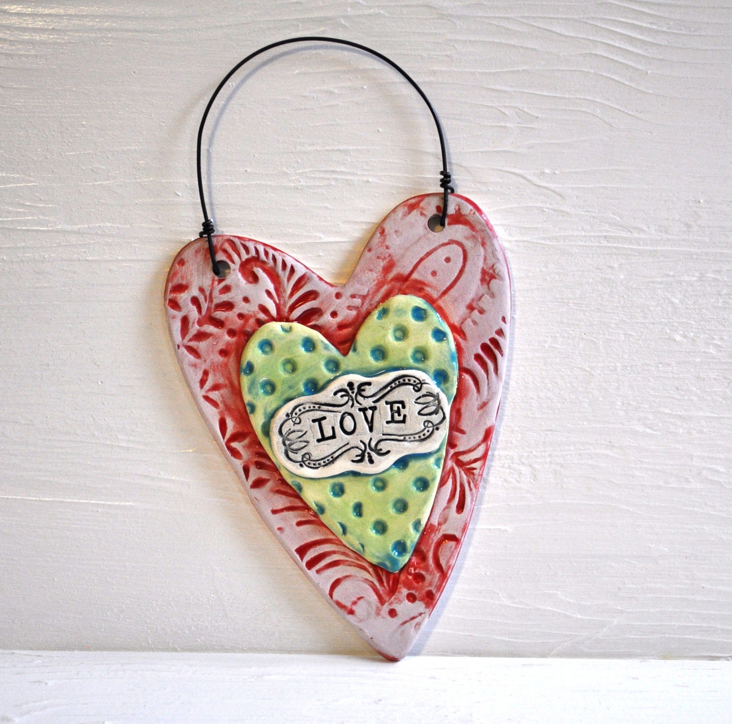 Folk Art Wall Heart- Valentine Wall Hanging- Heart Plaque in lilac, red, lime green and blue- LOVE
