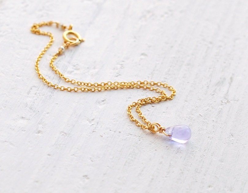 SALE Lavender blue drop bracelet - small teardrop on thin gold filled chain - delicate jewelry