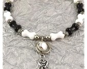 Pirate Kitteh Black and White skull and bones Kitty Cat Bling Beaded Collar with breakaway safety buckle bell and tag ring
