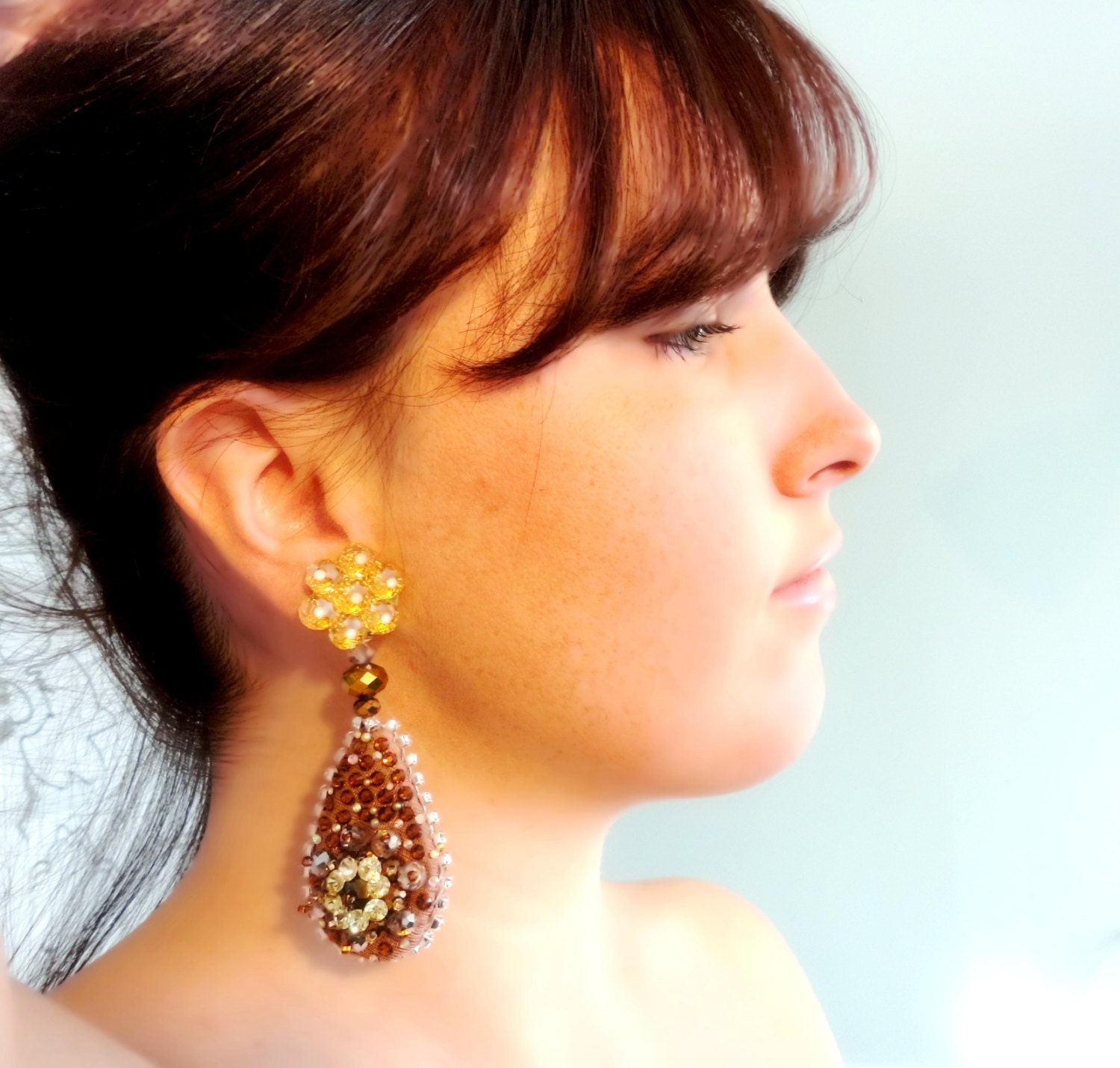 Sexy in Gold, Exquisite rhinestone clip earrings, One of a kind Couture jewelry by Monikque