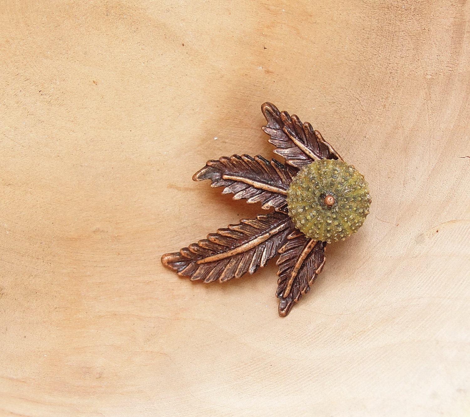 Sea Urchin Brooch Green Leaves Woodland Pin