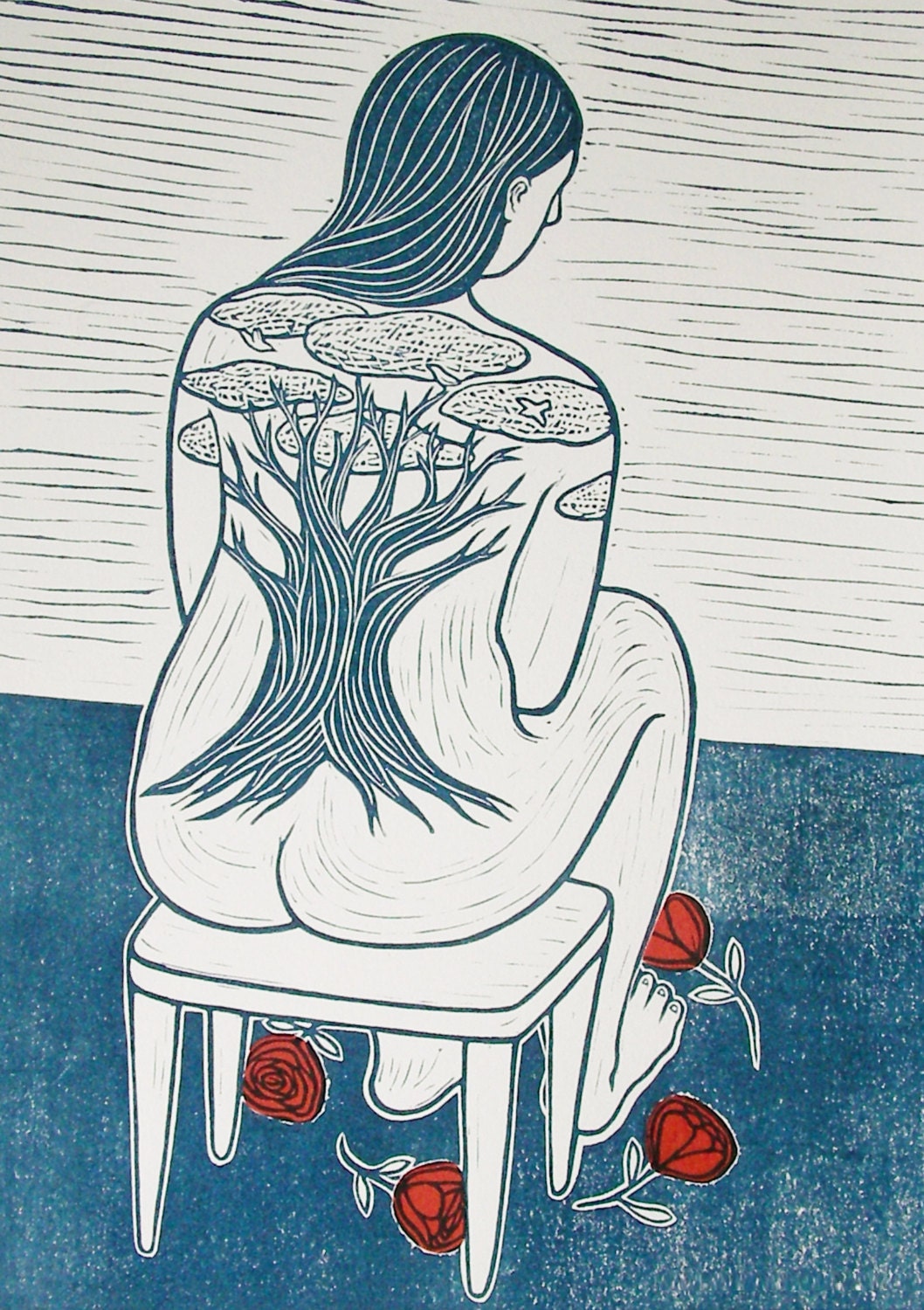 SALE - Was 50, Now 40 // Tattoo - Linocut Print - tree / roses / clouds / nature / nude / woman / seated / blue / red / relief print /