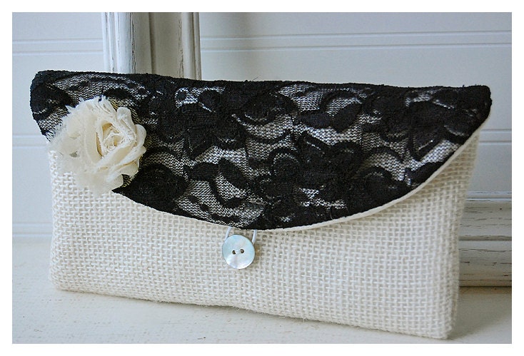 Personalize Bridesmaid burlap clutch purse bag black lace wedding clutch flower color choice party gift MakeUp tagt