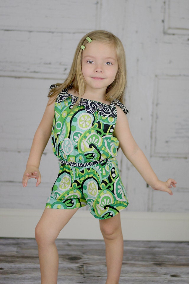 Girls Shorts Romper  Retro Green Swirls Sizes 12-18 months  18-24 months 2 3 4 5 6 7 2T 3T 4T