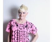 VINTAGE Hot Pink Black 80s Crop Top SHIRT Diy Retro