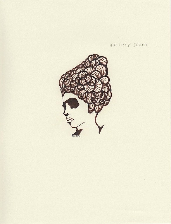 pen line original drawing, female portrait, Marie VII,  8 x 10 paper
