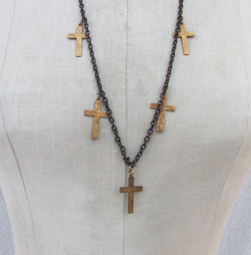 Closeout SALE Vintage charm Necklace drip drop dangle 1pc oxidized brass Vintage cross pendant etched brass mixed metals t9