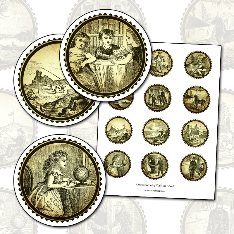 Sepia Antique Victorian Speller School Gift Tags 2" Circle Digital Collage Sheet 50mm pin badge pinback button present