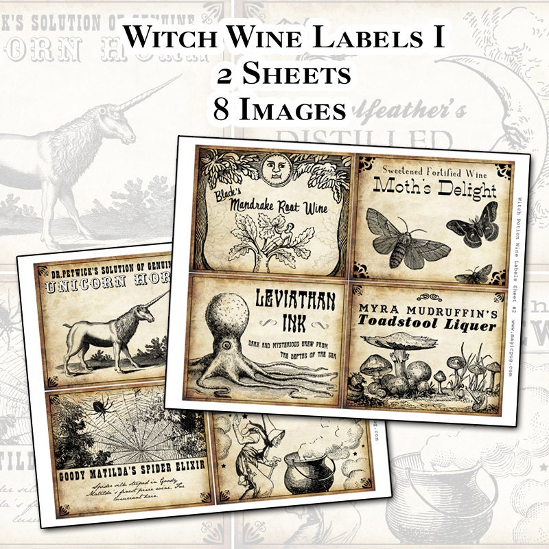 Witch Wine Labels 4x5 digital collage sheet set for potions Halloween dinner parties party decorations postcard mail art wine bottle label