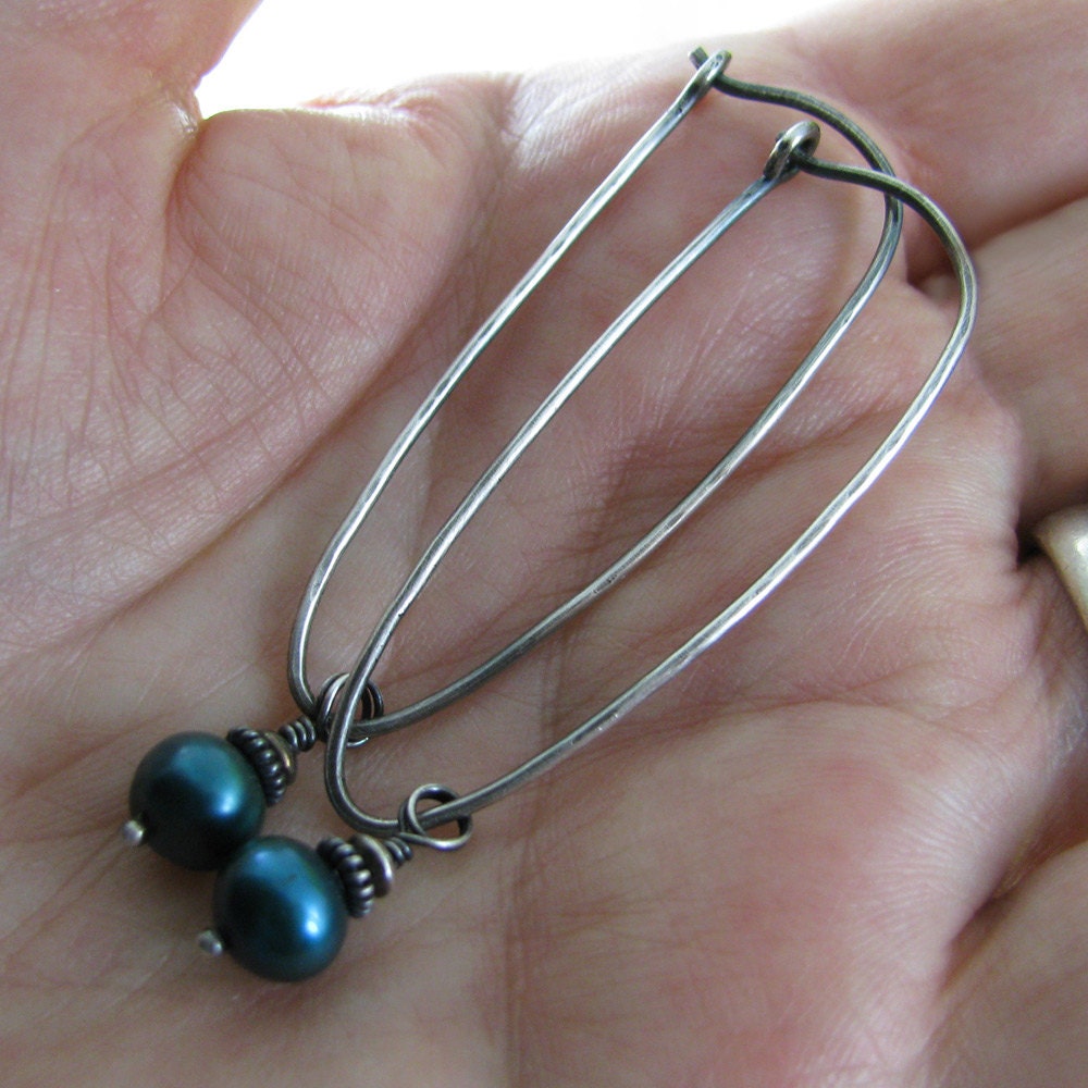 long oval GEOMETRIC narrow triangle with teal pearl drop sterling silver hand-forged earrings