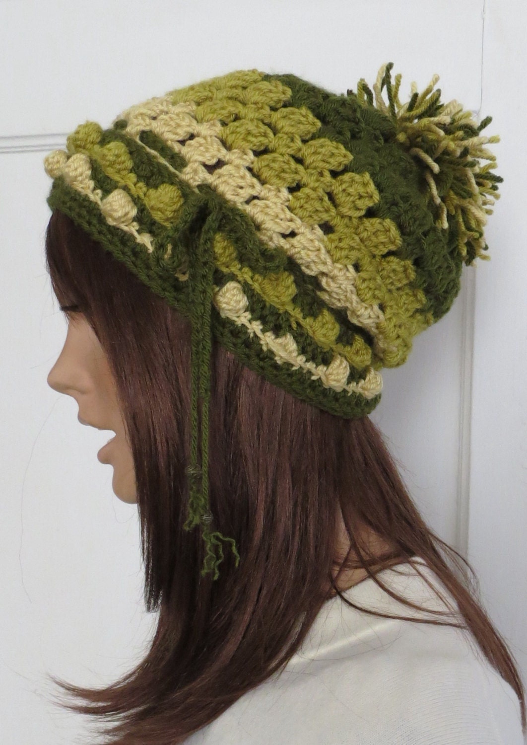New Design - Crochet Hat - Rasta - Slouchy Beret - Snood - Shades of Green with Bobble Stitch and Brass Beads