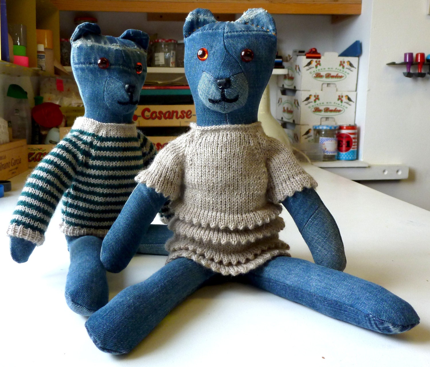 Miss Ted Recycled Denim Bear with Oatmeal Knitted Dress