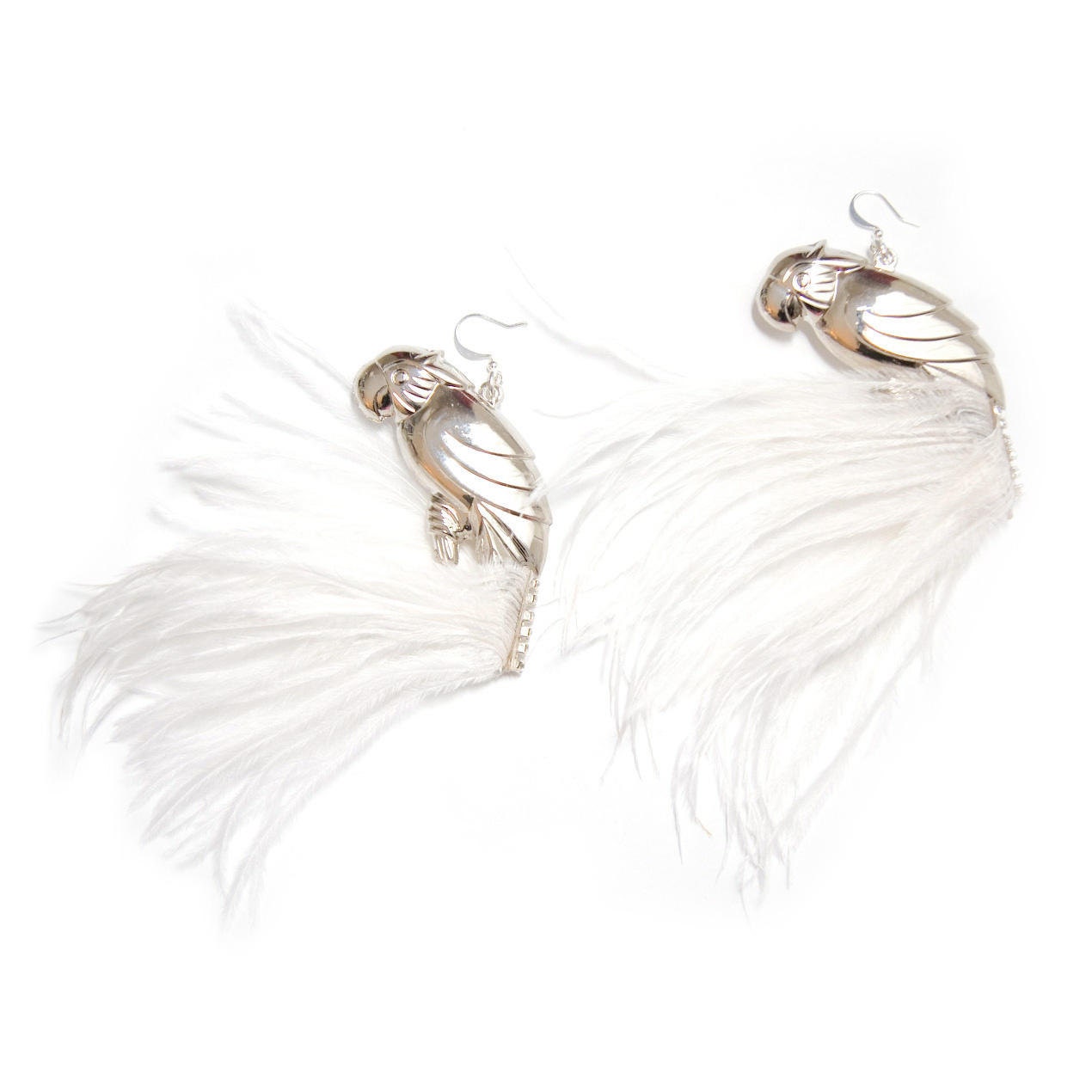 Statement Parrot Earrings - Pastel Bird Earrings - White Feather Earrings - Silver Statement Earrings