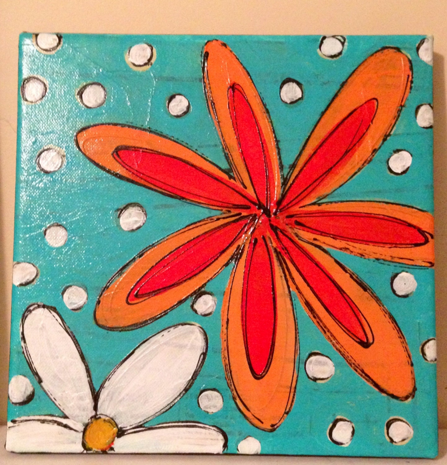 Orange and white glowers with blue background painting on canvas