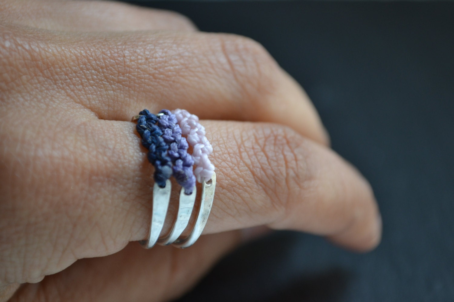 Back to roots Macrame and silver stacking rings, set of three, freeshippingfrance