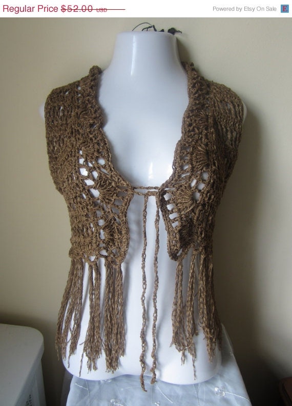 Crochet Fringe Vest,  cropped, BROWN Festival vest, boho, indie, gypsy clothing, Earthy, 70s fashion