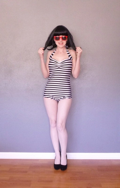 The Paris Maillot in Black and White Stripes One piece retro Pin up swimsuit