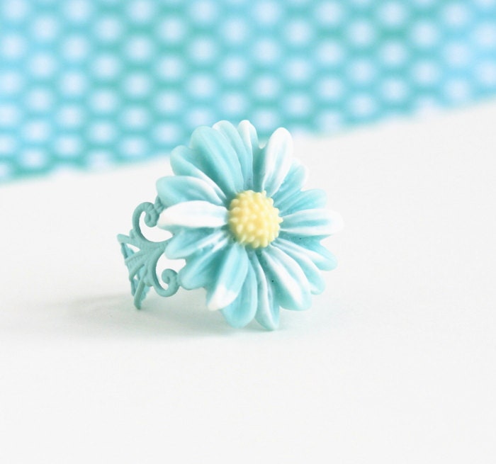 Daisy Adjustable Ring Aqua and Yellow, Memorial Day Sale