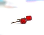 Red Jewel Earrings, Vintage Jewels, Rectangular, Drop Earrings