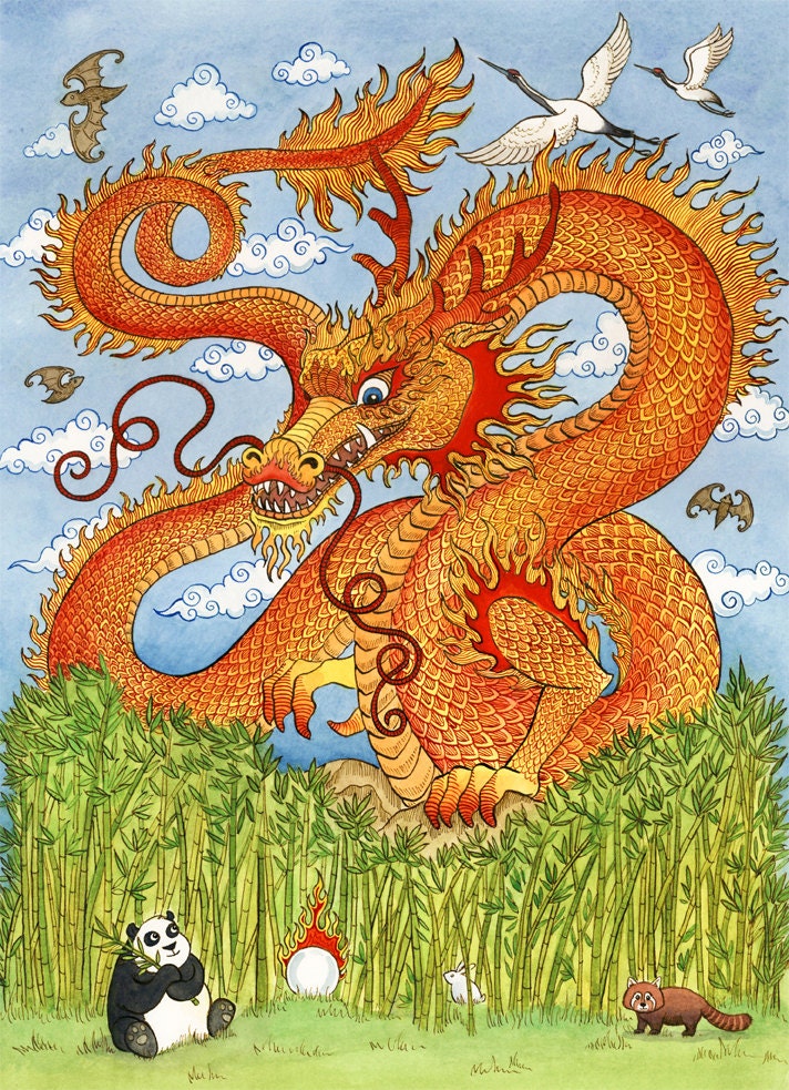 Chinese Dragon Panda Bamboo Art Print 8" x 10"