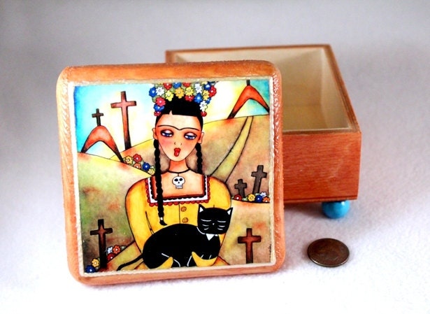 Jewelry Box, Keepsake Wood Box, Frida and Cat Art, Day of the Dead, OOAK Decoupaged Mexican Art Trinket Box Yellow Brown Blue