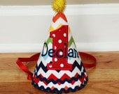 First birthday hat - Rainbow Chevron in red, navy blue, green, yellow - Free personalization