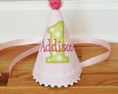 Girls First Birthday Party Hat - Easter or Spring pastels in pink, purple, aqua, green, and yellow stripes - Free personalization