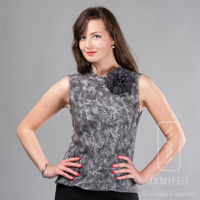 Felted blouse - Handmade, soft wool, grey and white