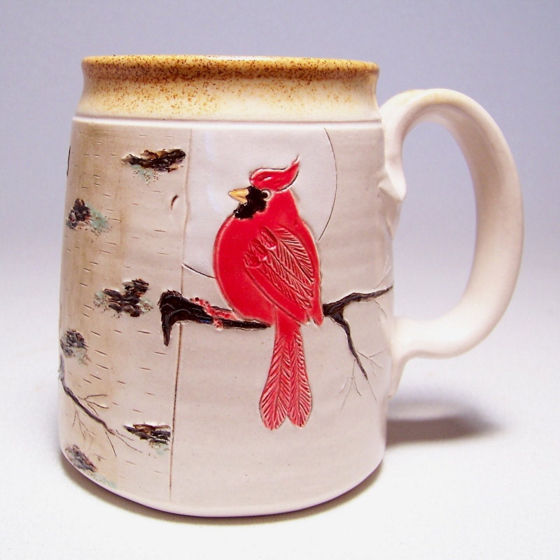 Cardinal and Birch Tree Large 16 ounce Pottery Coffee  Mugs Limited Series 15 white stoneware