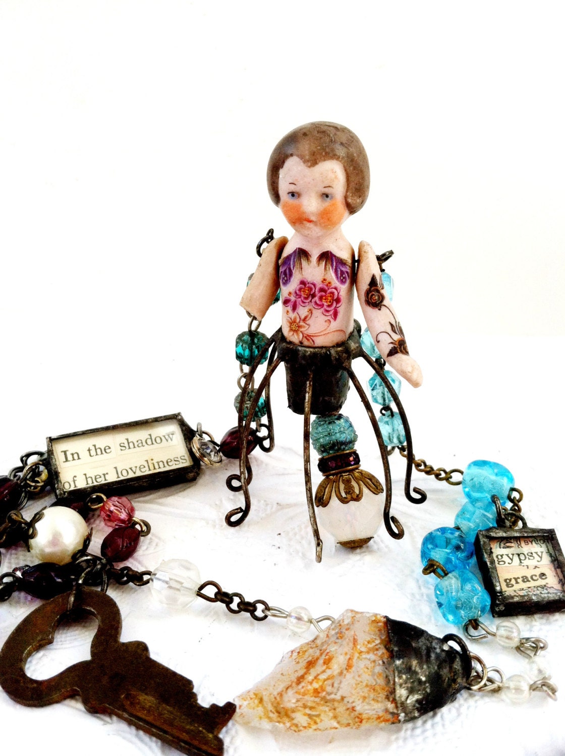 Soldered Antique Bisque Doll, Hinged Doll Necklace, Altered Art Necklace, Mixed Media Jewelry, Frozen Charlotte Doll Necklace, Gypsy Grace