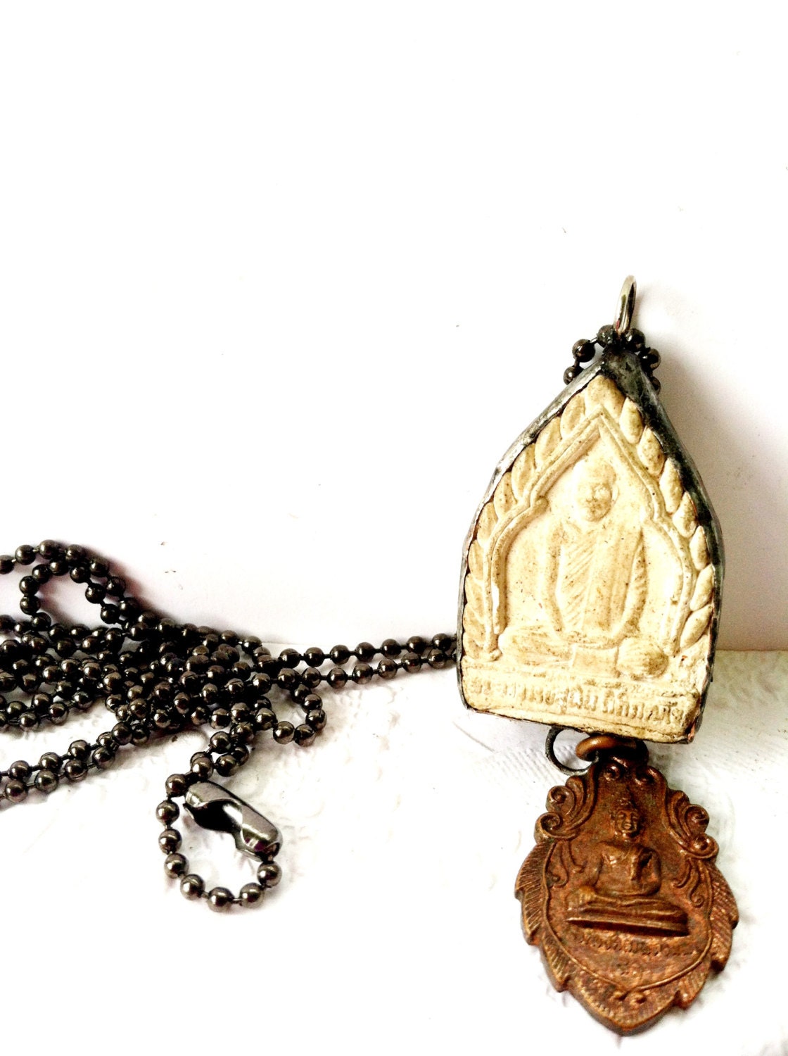Buddhist Clay Amulet Necklace, Soldered Clay Tablet Buddha, Vintage Buddhist Medallion Necklace, Vintage Buddhist Amulet Pendants