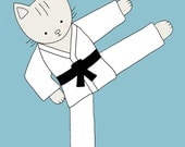 Nursery Art, Karate Cat, Baby Boy Art, Boy Nursery, Nursery Print, Art Print, Blue, Sports, Cat Nursery Art