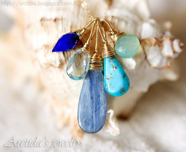 Blue jewelry Blue necklace Kyanite Lapis lazuli Mint Chalcedony Sky Blue Topaz Turquoise gold filled ombre necklace ohtteam rusteam - Maera