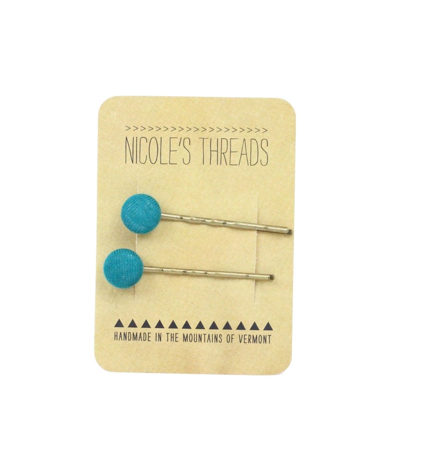 Teal Fabric Button Bobbi Pin Set of 2 Bobby Pins // by Nicoles Threads
