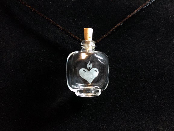 Flaming Heart Etched Tiny Bottle Pendant