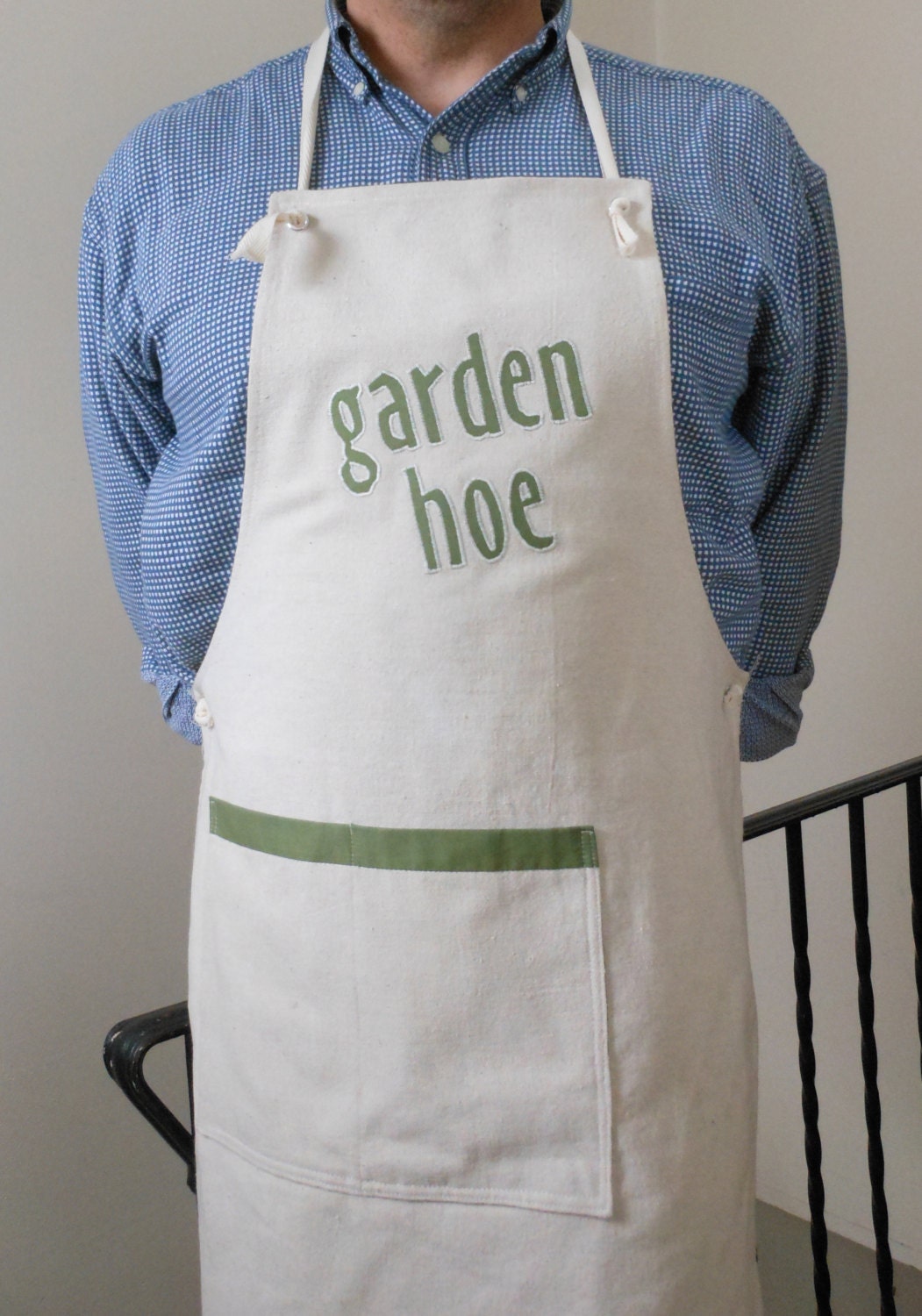 Garden Hoe Apron made from recycled painters drop cloths.