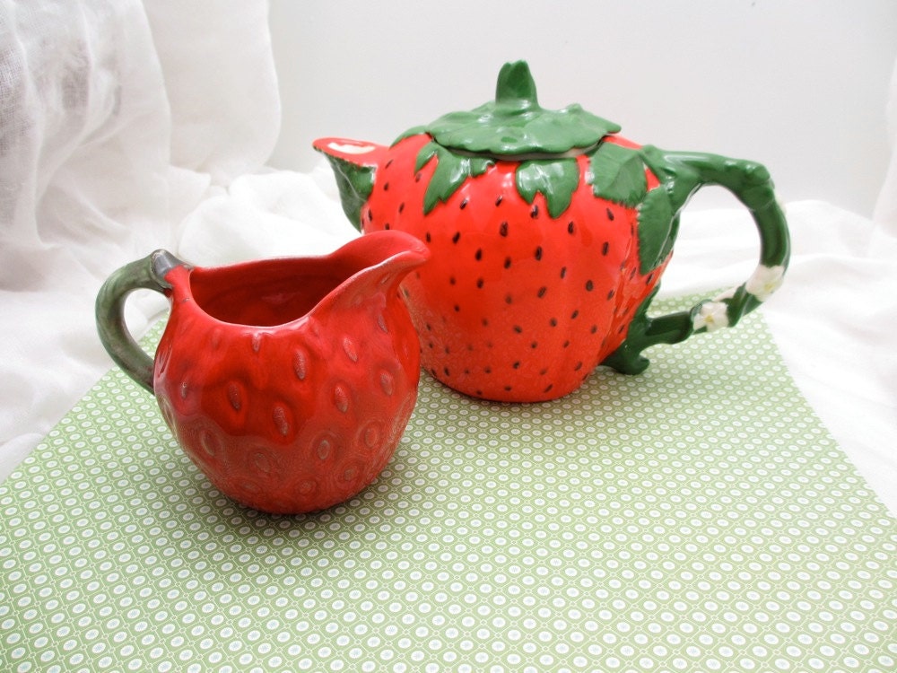 Vintage Strawberry Ceramic Creamer and Teapot