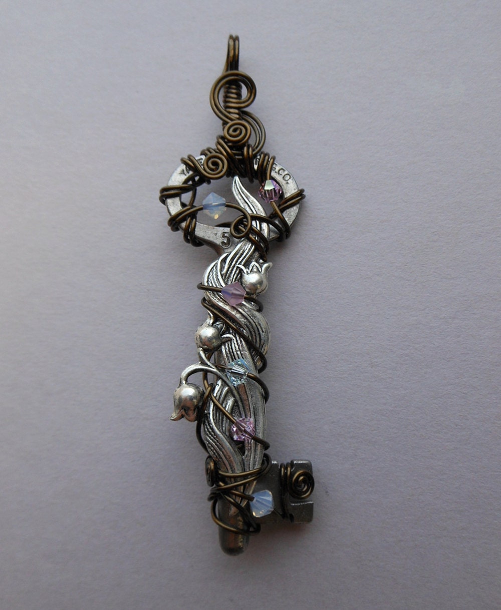 Flowers Key Pendant -- Silver Lily of the Valley Wire Wrapped Key, Pale Pink, White, Blue Swarovski Crystals