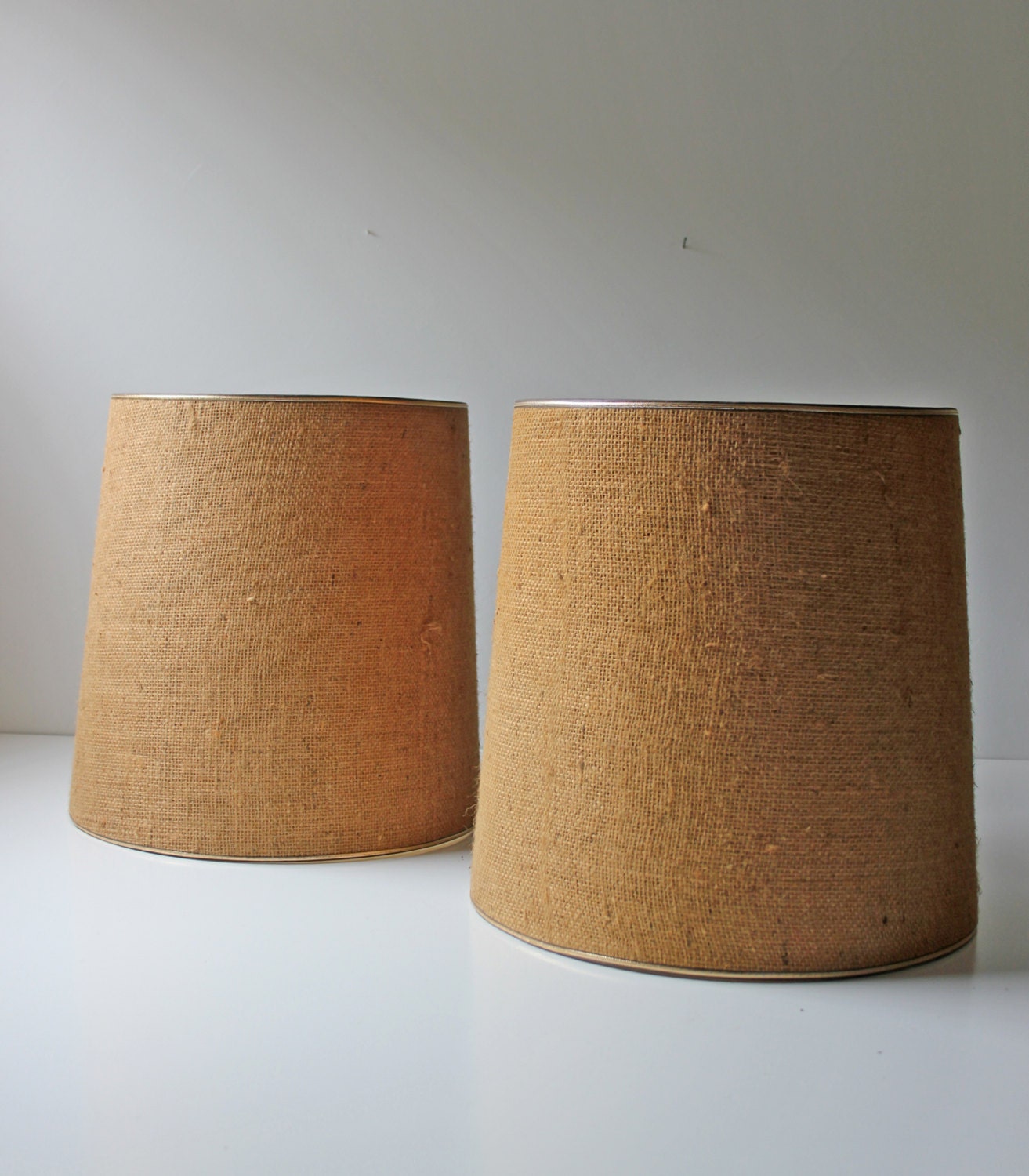 pair of brown vintage burlap  drum shades