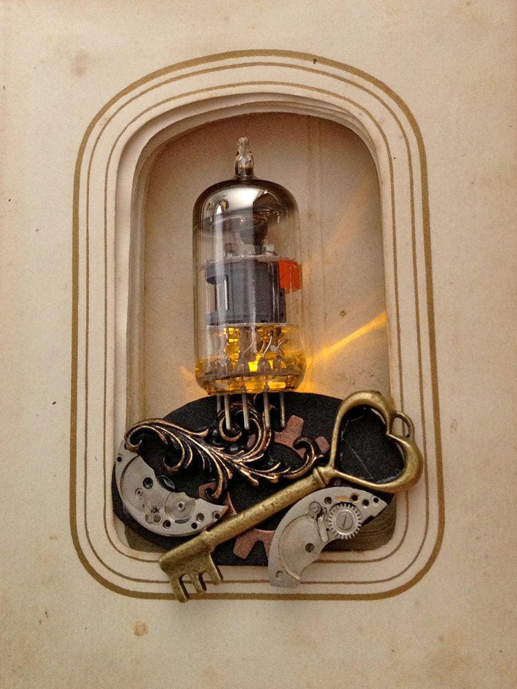 Flickering LED jewelry - Burning Man jewelry - light up steampunk brooch - watch parts jewelry