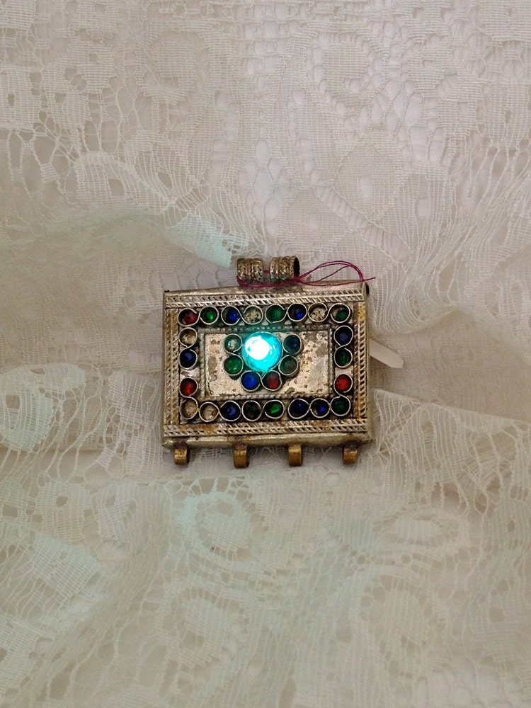 Glow in the dark pendant - tribal fusion jewelry - aqua light up LED pendant - Burning Man jewelry