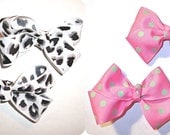 Twice as Nice - Two Grosgrain Bows in Either Pink n Lime or Leopard n Silver - You Choose