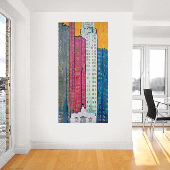 Skyscrapers 2... original painting, 31.5x15.7", 40x80 cm, acrylic, wood, city, building, house, abstract, fantasy