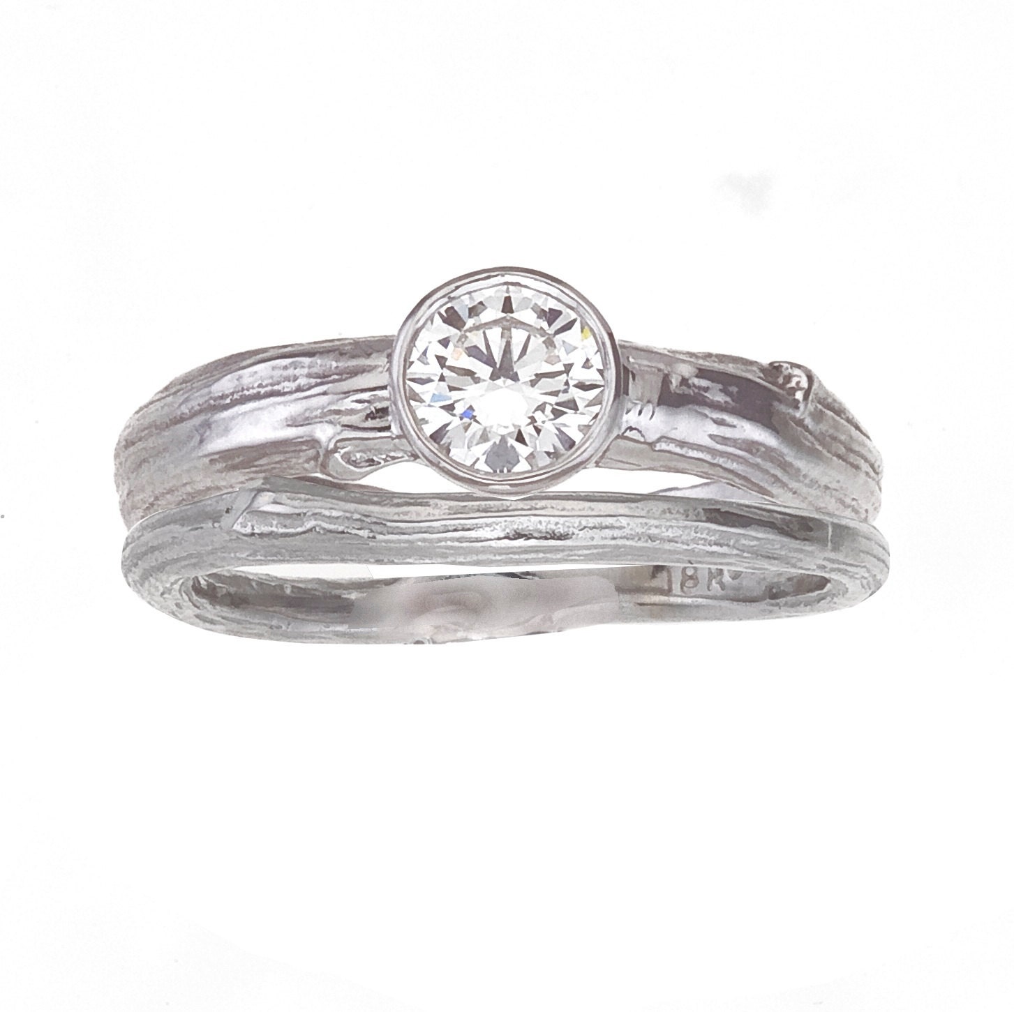 Engagement Ring with Diamond- Wide Band, Bezel - Woodland Nature Inspired Solitaire Wedding Set - Twig