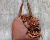 Distressed Brown Leather Bowler Bag with Natural Edge Flowers by Stacy Leigh