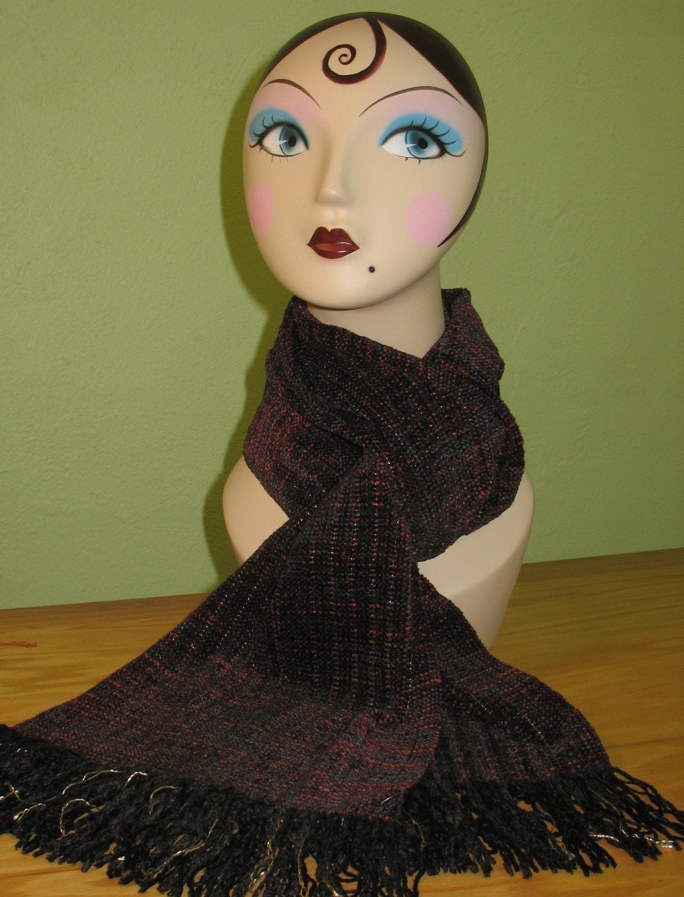 Hand woven chenille scarf with copper, turquoise, purple, and rose