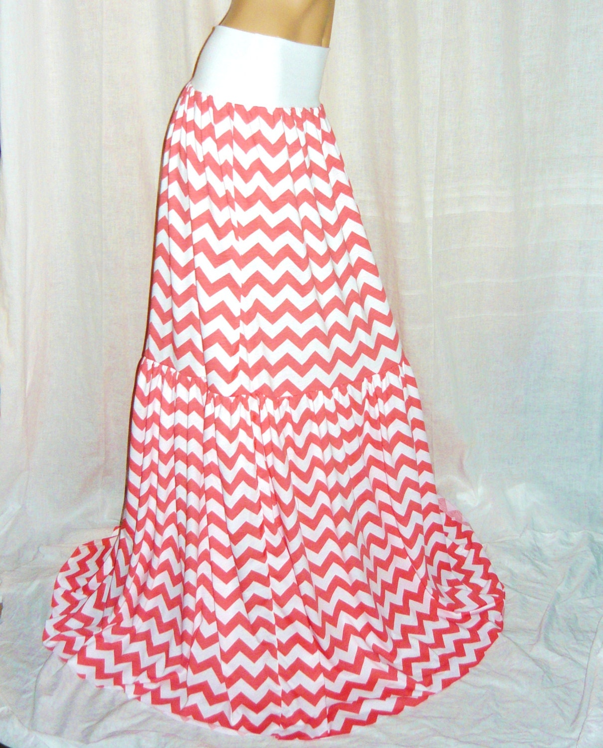 Long Coral Chevron Maxi Skirt,Spinner, Fold over top, Medium-Large Cotton Jersey Hippie Phatcatpatch